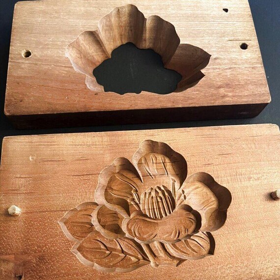 Vintage Wooden Mold for Confectionery in the Shape of Camellia  