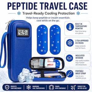 May include: A blue peptide travel case with a built-in digital temperature monitor displaying 41.9 F. The set includes two blue ice packs with white snowflake patterns, an insulated interior with elastic straps for medical pens, and a wrist strap.