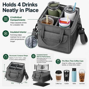 May include: A gray insulated drink carrier with four compartments, featuring a foil-lined interior, two carrying handles, and a detachable shoulder strap. The carrier measures 9 x 9 x 7.5 inches and includes a removable divider system.