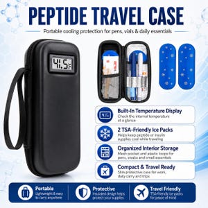May include: A black, rectangular, zippered peptide travel case with a built-in digital temperature display showing 41.5F. The case includes two blue ice packs with white snowflake patterns, a mesh interior pocket, and elastic loops for storage.