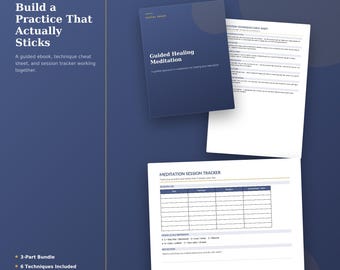 Könnte beinhalten: Ein digitales Meditationspaket mit einem dunkelblauen E-Book-Cover mit dem Titel Guided Healing Meditation, einem weißen Merkblatt für Meditationstechniken und einem Meditations-Sitzungstracker mit einem Raster für Notizen.