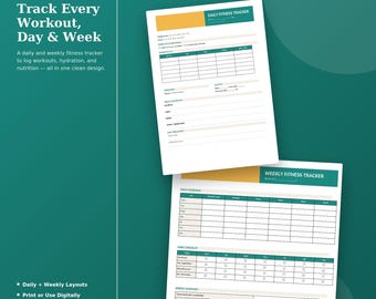 May include: A daily and weekly fitness tracker printable template featuring a clean layout with yellow and teal accents. The documents include sections for logging workouts, hydration, nutrition, habit checklists, and weekly summaries with clear text headers.