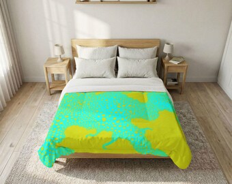Katoenen dekbed met abstract stippenpatroon | Modern beddengoed in cyaan en limoen