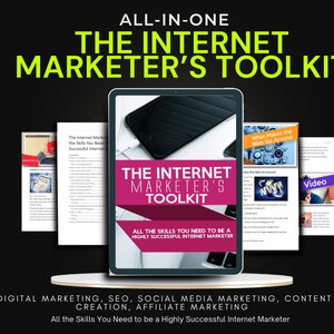 Może przedstawiać: Zestaw narzędzi do marketingu cyfrowego zatytułowany "The Internet Marketer's Toolkit" z hasłem "All the skills you need to be a highly successful internet marketer". Zestaw narzędzi obejmuje marketing cyfrowy, SEO, marketing w mediach społecznościowych, tworzenie treści i marketing afiliacyjny.