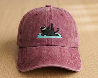 Embroidered Funny Black Cat Yoga Washed Dad Hat, Cute Cat Lover Gift, Vintage Distressed Baseball Cap, Funny Pet Mom Hat, Sassy Cat Hat