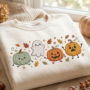 Spooky Pumpkin Embroidered Sweatshirt, Cute Ghost Halloween Crewneck, Cozy Fall Pullover, Autumn October Gift, Seasonal Halloween Shirt