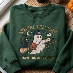 Geborduurd sweatshirt met spookpostbode, Halloween-trui met ronde hals, griezelig postshirt, comfortabele herfsttrui, cadeau-idee voor oktober