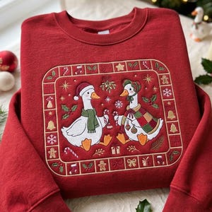 Vintage Christmas Goose Embroidered Sweatshirt, Holiday Goose Couple Crewneck, Patchwork Candy Cane Festive Winter Pullover