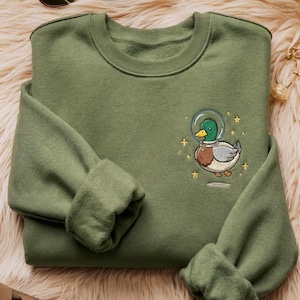 Embroidered Space Mallard Duck Crewneck, Cottagecore Aesthetic Shirt, Wildlife Waterfowl Bird Sweatshirt, Hunter Gift Nature Lover Jumper