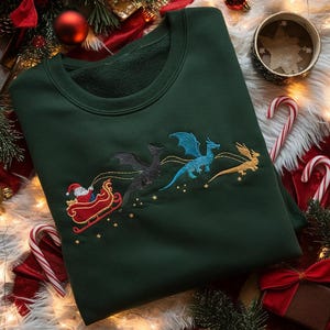Fourth Wing Christmas Embroidered Sweatshirt, Dragon Sleigh Holiday Sweater, Fantasy Christmas, Dragon Rider Shirt, Booktok Fan Merch Gift