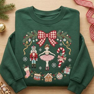 Ballerina Christmas Sweatshirt, Nutcracker Ballet Embroidered Crewneck, Coquette Bow Candy Cane Holiday Winter Sweater