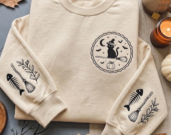 Halloween Black Cat Embroidered Crewneck, Witchy Cat Sweatshirt with Sleeve Embroidery, Spooky Gothic Shirt, Cat Lover Gift