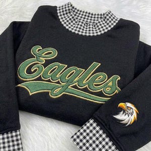 College maskot broderad gingham-tröja med hökringar, Eagles Gators School Spirit-tröja, fotbollsmatchdagströja, studentpresent