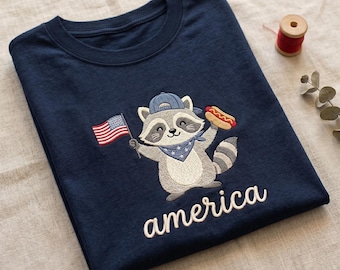 Embroidered Feral & Free Racoon Shirt, USA Independence Day Shirt, Funny Raccoon Tee, July 4th Gift, Embroidered 4th of July Shirt