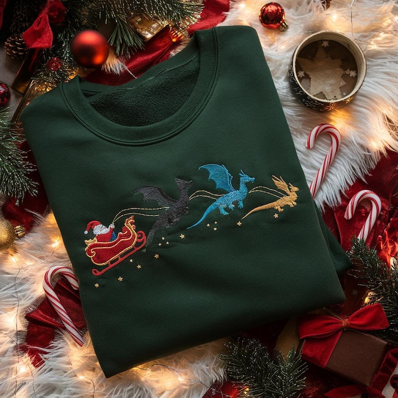 Fourth Wing Christmas Embroidered Sweatshirt, Dragon Sleigh Holiday Sweater, Fantasy Christmas, Dragon Rider Shirt, Booktok Fan Merch Gift