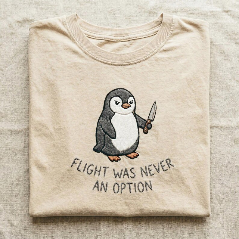 Peut inclure: Un t-shirt beige &agrave; col rond avec une broderie repr&eacute;sentant un manchot tenant un petit couteau. Sous le manchot, le texte FLIGHT WAS NEVER AN OPTION est brod&eacute; en fil gris fonc&eacute;. Le t-shirt est compos&eacute; d'un tissu beige clair uni.