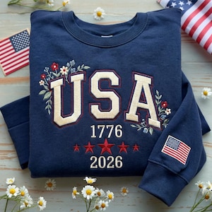 Floral USA Embroidered Sweatshirt, American Girl Shirt, Girly 4th of July Shirt, USA Est 1776 Tee, Patriotic Women Shirt, Flower USA Shirt