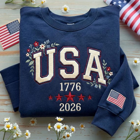 Floral USA Embroidered Sweatshirt, American Girl Shirt, Girly 4th of July Shirt, USA Est 1776 Tee, Patriotic Women Shirt, Flower USA Shirt