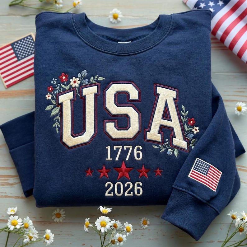 Floral USA Embroidered Sweatshirt, American Girl Shirt, Girly 4th of July Shirt, USA Est 1776 Tee, Patriotic Women Shirt, Flower USA Shirt