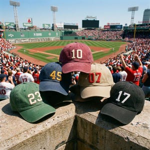Puede incluir: Varias gorras de béisbol en colores como verde, azul marino, granate, beige y negro. Cada gorra muestra un número diferente. Las gorras se exhiben frente a un estadio de béisbol lleno de espectadores.