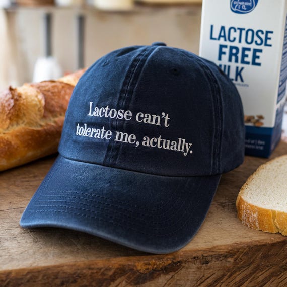 Lactose Intolerance Embroidered Hat, 90s Funny Embroidered Washed Dad Hat, Dairy Free Hat, Vegan Gift Baseball Cap, Funny Foodie Washed Cap