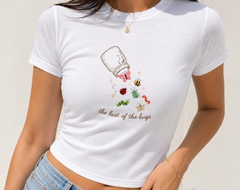 T-shirt bébé d'été insecte triste brodé, insecte de l'an 2000, t-shirt carré insecte Cottagecore, t-shirt court coccinelle Cottagecore, cadeau nature minimal pour elle
