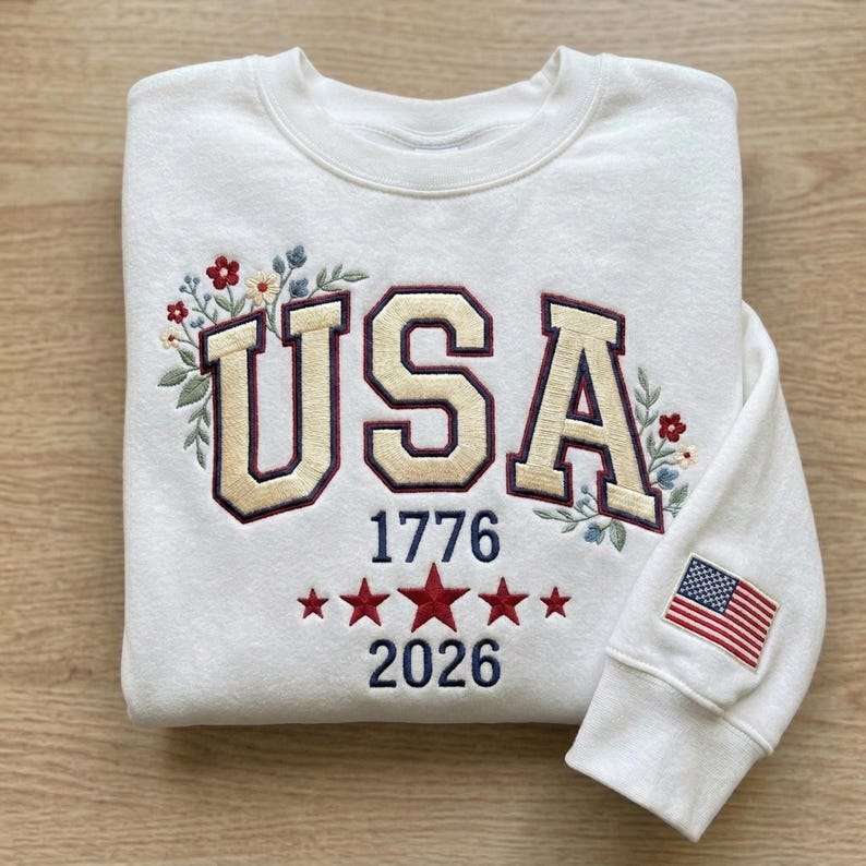 Floral USA Embroidered Sweatshirt, American Girl Shirt, Girly 4th of July Shirt, USA Est 1776 Tee, Patriotic Women Shirt, Flower USA Shirt