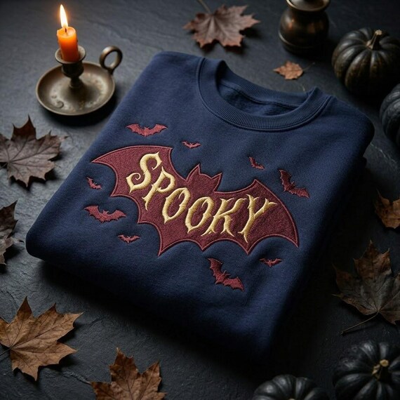 Bat Halloween Sweatshirt, Embroidered Spooky Gothic Crewneck, Cozy October Fall Shirt, Halloween Gift