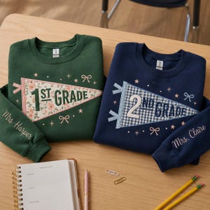Custom Teacher Applique Patchwork Embroidered Sweatshirt, Back to School Shirt, First Second Third Fourth Fifth Grade Level Teacher Team Tee