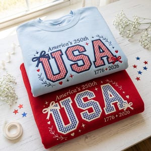 USA:s 250-årsjubileumströja med broderad applikation, gingham-tröja från USA, patriotisk topp från 1776–2026, gåva till 250-årsjubileum, 4 juli-tröja