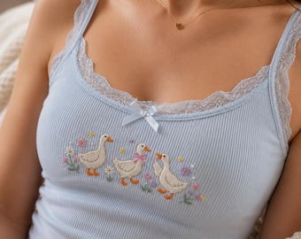 Floral Goose Embroidered Cami, Cute Lace Trim Tank Top, Cottagecore Farm Animal Shirt, Coquette Summer Outfit Gift for Women