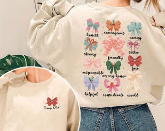 Custom Scout Troop Bow Shirt, Scout Team Troop Number Sweatshirt, Camping Girl Coquette Shirt, Scout Life Apparel, Personalized Troop Shirts