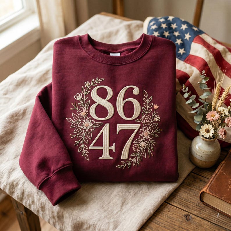 May include: A maroon sweatshirt with the numbers "86" and "47" embroidered in a cream color, surrounded by a floral wreath design. The sweatshirt is folded on a beige surface, with an American flag in the background.