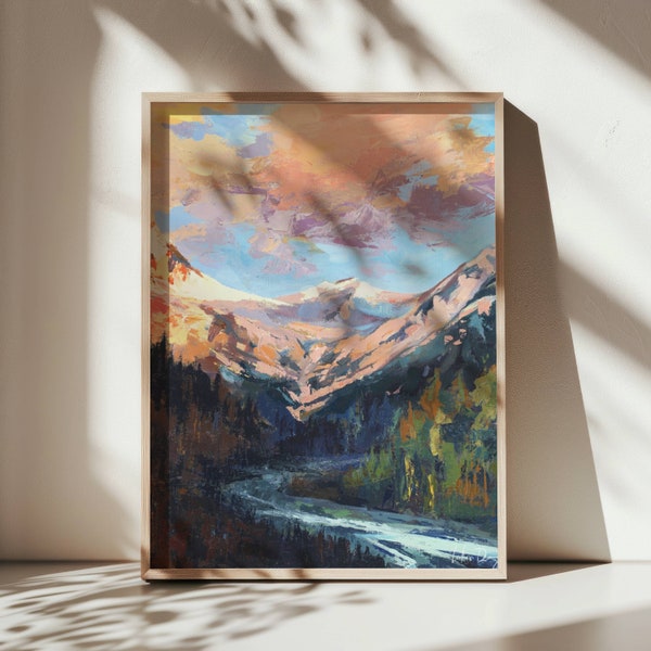 Impresión artística de las montañas de Colorado / Paisaje al amanecer / Decoración del hogar de mediados de siglo / Arte mural de naturaleza vibrante / Pintura de atardecer con nubes y luz