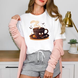 Skeleton Coffee Cups Shirt, Funny Skull Coffee Lover Tee, Halloween Coffee Shirt, Spooky Coffee Graphic T-Shirt, Gift for Caffeine Addict