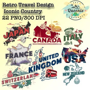 22 Design di viaggio retrò Paese iconico, Pacchetto SVG PNG, Pacchetto avventura di monumenti globali, Souvenir per le vacanze, Clipart per le vacanze, Digitale 2