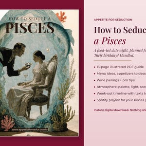 Könnte beinhalten: Ein 13-seitiger illustrierter PDF-Ratgeber mit dem Titel How to Seduce a Pisces. Das Cover zeigt eine Illustration im Vintage-Stil, auf der eine Person im Anzug einer Person im Kleid eine Muschel anbietet, umrahmt von zwei großen Fischen.