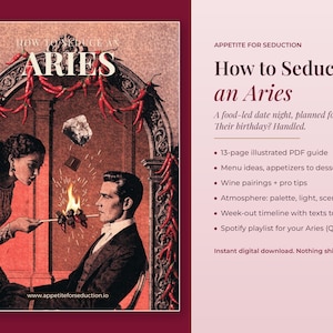 Könnte beinhalten: Ein 13-seitiger illustrierter PDF-Ratgeber mit dem Titel How to Seduce an Aries. Das Cover zeigt eine Illustration im Vintage-Stil, bei der eine Person einer anderen Person Essen auf einem Spieß anbietet, umrahmt von roten Chilischoten und dem Text www.appetiteforseduction.io.