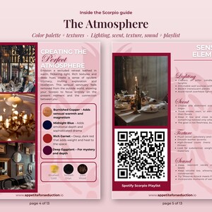 Inside pages 4-5 of the How to Seduce a Scorpio guide PDF: the atmosphere plan with color palette, textures, lighting, scent and sound, plus the Spotify playlist QR code