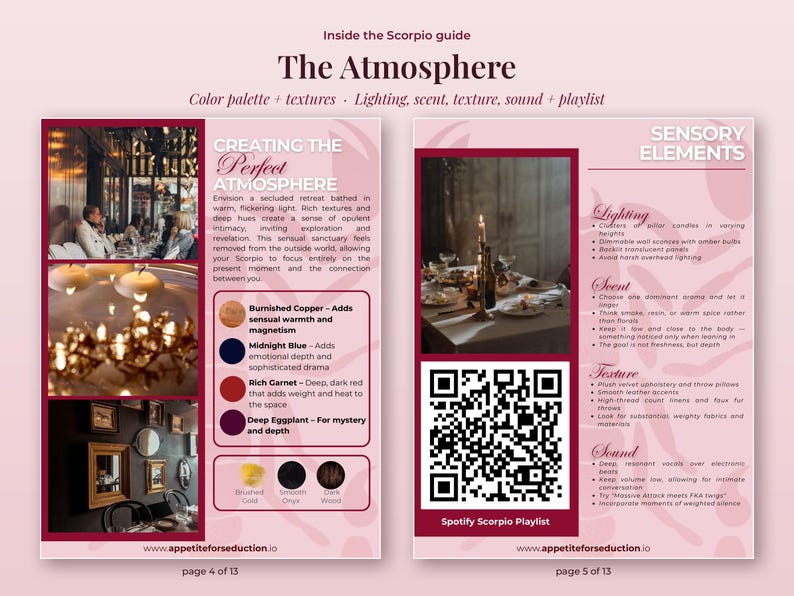 Inside pages 4-5 of the How to Seduce a Scorpio guide PDF: the atmosphere plan with color palette, textures, lighting, scent and sound, plus the Spotify playlist QR code