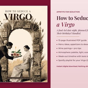 Könnte beinhalten: Ein 13-seitiger illustrierter PDF-Leitfaden mit dem Titel How to Seduce a Virgo. Das Cover zeigt eine Illustration im Vintage-Stil, bei der eine Person einer sitzenden Person Feigen unter einem Bogen aus Weizen, Kräutern und Schubladen serviert.