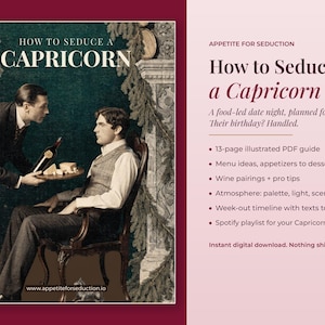 Könnte beinhalten: Ein digitaler Ratgeber mit dem Titel How to Seduce a Capricorn, bestehend aus einem 13-seitigen illustrierten PDF. Das Cover zeigt eine Illustration im Vintage-Stil von zwei Männern, von denen einer dem anderen Wein und Käse serviert.