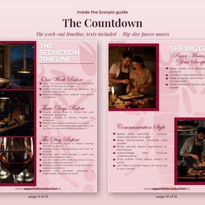 Inside pages 9-10 of the How to Seduce a Scorpio guide PDF: the week-out seduction timeline with texts to send, and the big-day power moves