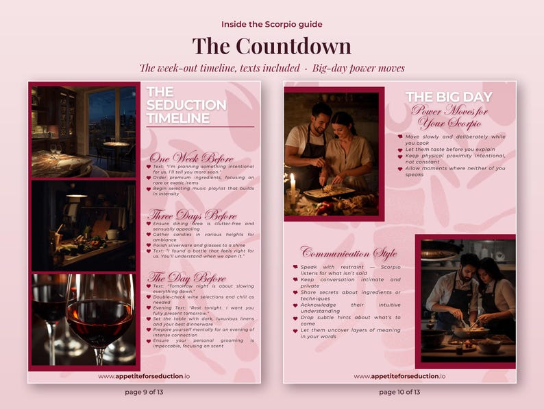 Inside pages 9-10 of the How to Seduce a Scorpio guide PDF: the week-out seduction timeline with texts to send, and the big-day power moves