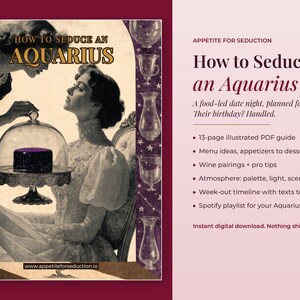 Könnte beinhalten: Ein 13-seitiger digitaler PDF-Ratgeber mit dem Titel How to Seduce an Aquarius, der eine Illustration im Vintage-Stil zeigt, in der eine Person einen dunkelvioletten Kuchen unter einer Glasglocke präsentiert, inklusive Menüideen.
