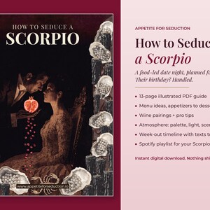 Cover of How to Seduce a Scorpio, a 13-page date night guide PDF by Appetite for Seduction, beside a list of what's inside