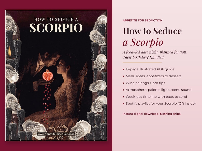 Cover of How to Seduce a Scorpio, a 13-page date night guide PDF by Appetite for Seduction, beside a list of what's inside