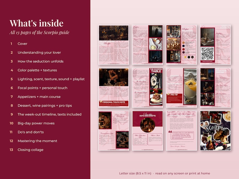 All 13 pages of the How to Seduce a Scorpio date night guide PDF laid out in a grid