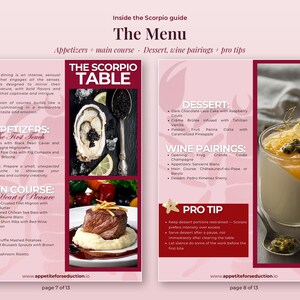 Inside pages 7-8 of the How to Seduce a Scorpio guide PDF: the dinner menu, appetizers to dessert, with wine pairings and pro tips