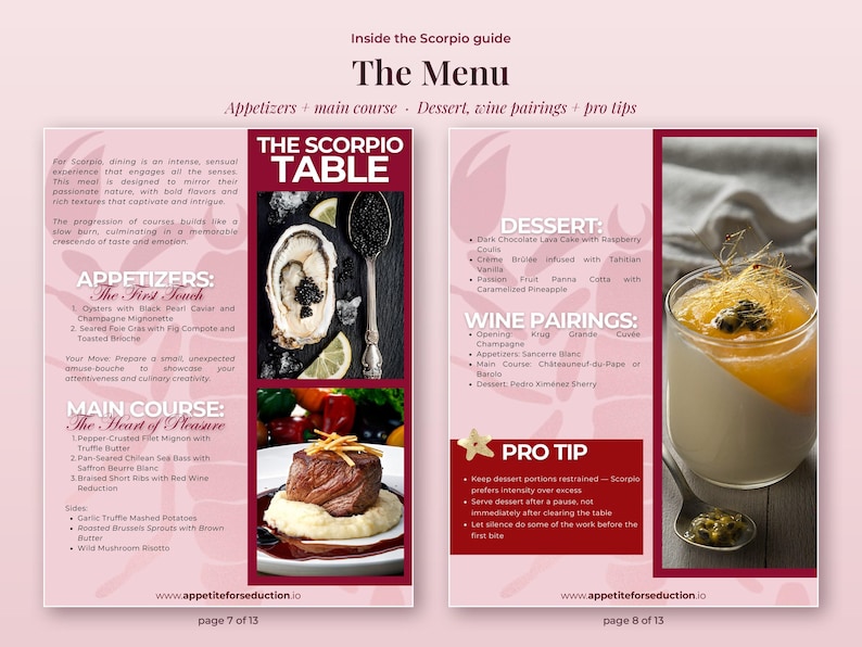 Inside pages 7-8 of the How to Seduce a Scorpio guide PDF: the dinner menu, appetizers to dessert, with wine pairings and pro tips